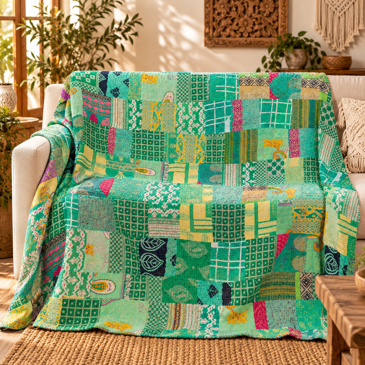 Assorted Green Patchwork Kantha Quilt 60x90 – Handmade Cotton Bedspread