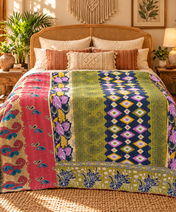Alternative view of Olive Green Coral Pink Vintage Kantha Quilt – Paisley Floral Hand Stitched Cotton Throw 60x90 Inch