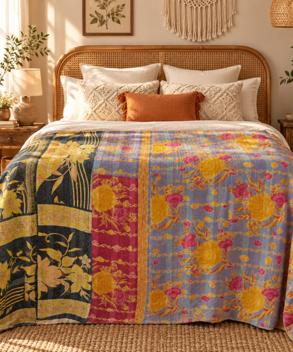 Alternative view of Blue Grey Floral Vintage Kantha Quilt – Handmade Recycled Cotton Bedspread Throw 60x90 Inch