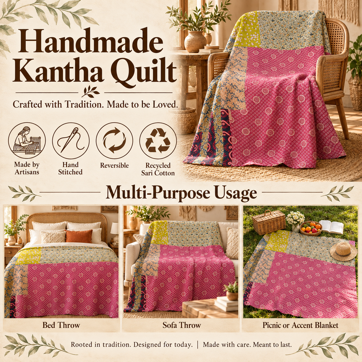 Pink Floral Vintage Kantha Quilt – Handmade Recycled Cotton Indian Bedspread Throw 60x90 Inch - Image 4
