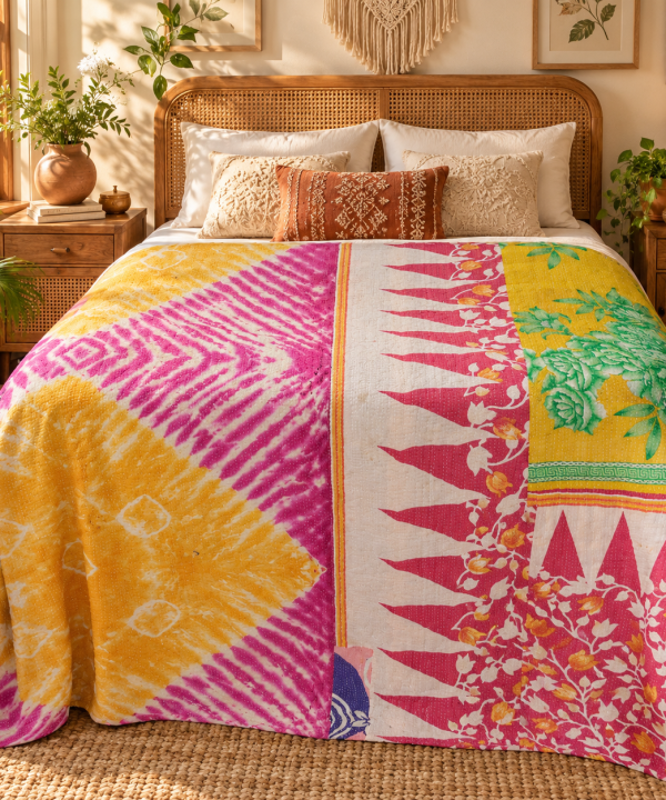 Alternative view of Mustard Yellow Pink Tie Dye Vintage Kantha Quilt – Floral Hand Stitched Cotton Bedspread 60x90 Inch