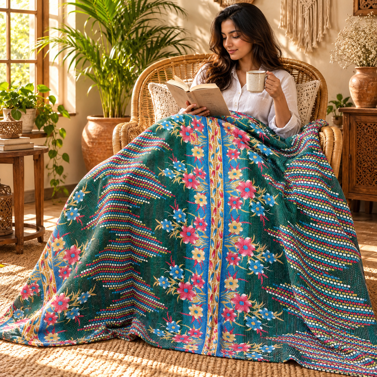 Teal Green Floral Vintage Kantha Quilt – Hand Stitched Recycled Sari Cotton Throw 60x90 Inch - Image 3