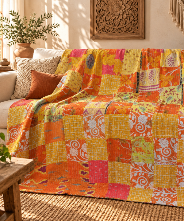Assorted Yellow Patchwork Kantha Quilt – Handmade Cotton Bedspread 60 × 90 Inches
