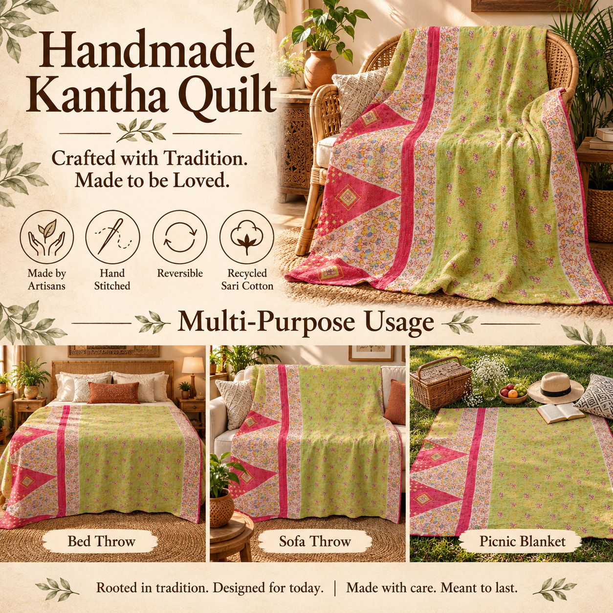 Light Green & Pink Floral Vintage Kantha Quilt – Hand Stitched Sari Cotton Throw 60x90 Inch - Image 4