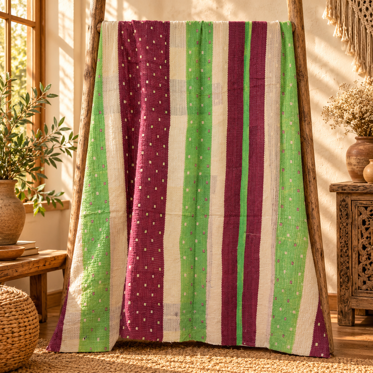 Cream Red Geometric Vintage Kantha Quilt – Handmade Cotton Indian Bedspread Throw 60x90 Inch - Image 5