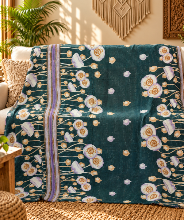 Teal Blue Floral Vintage Kantha Quilt – Hand Stitched Recycled Cotton Bedspread Throw 60x90 Inch
