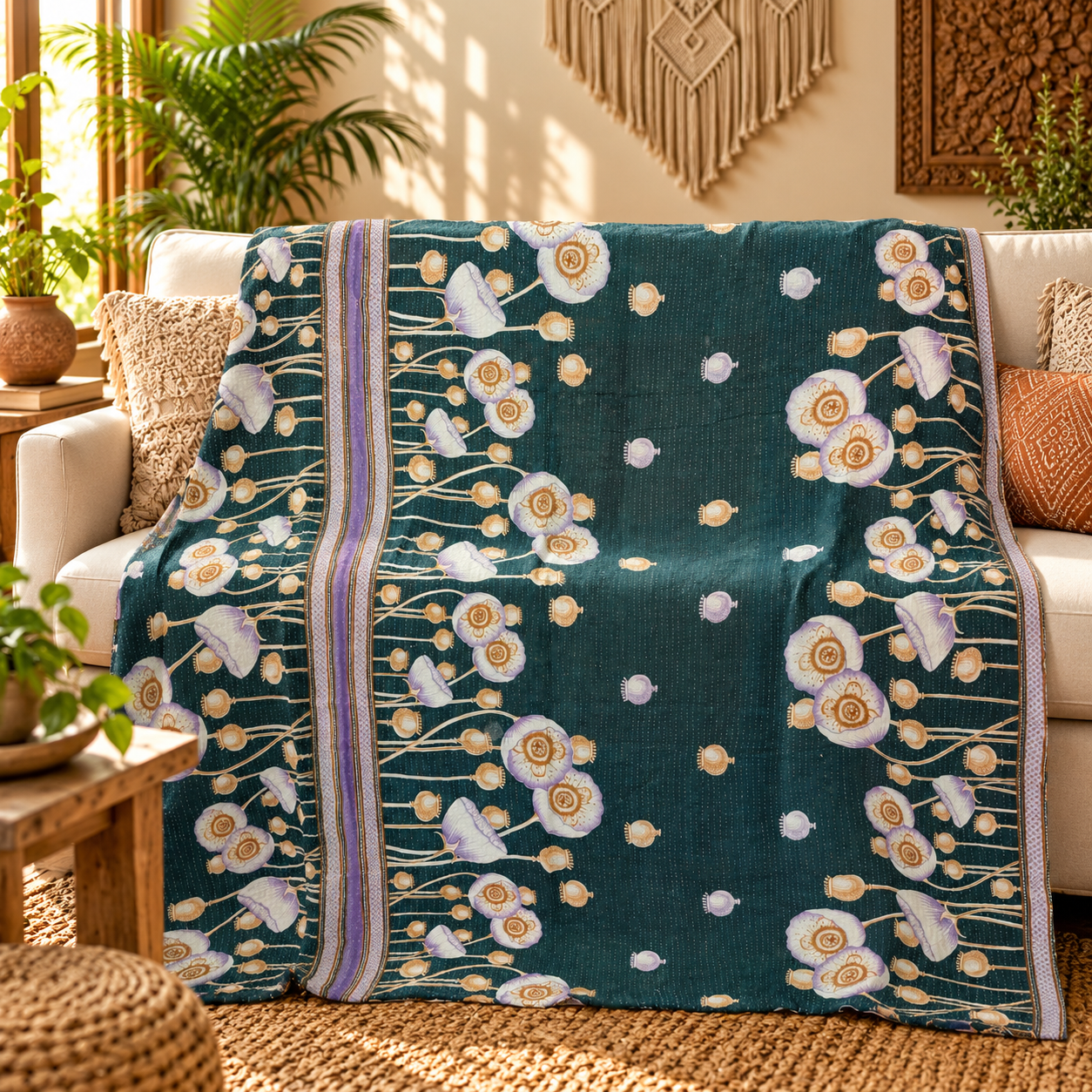 Teal Blue Floral Vintage Kantha Quilt – Hand Stitched Recycled Cotton Bedspread Throw 60x90 Inch