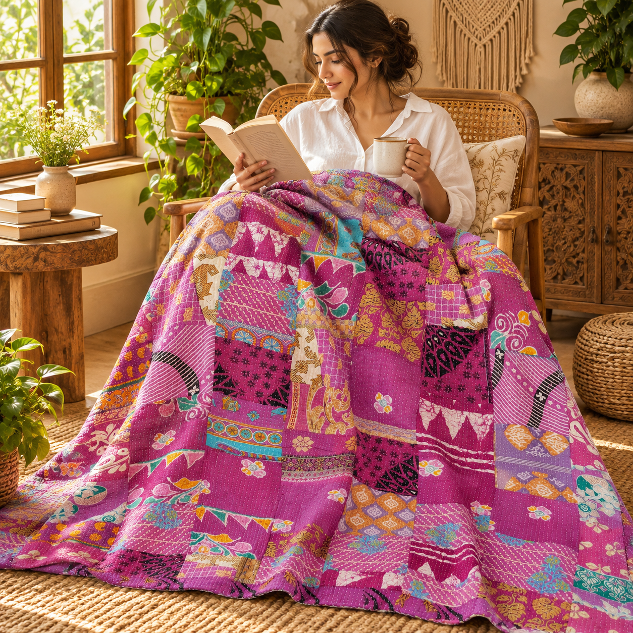 Assorted Pink & Purple Patchwork Kantha Quilt 60x90 – Handmade Cotton Bedspread - Image 3