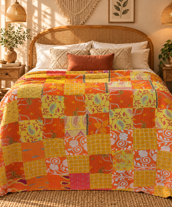 Alternative view of Assorted Yellow Patchwork Kantha Quilt – Handmade Cotton Bedspread 60 × 90 Inches