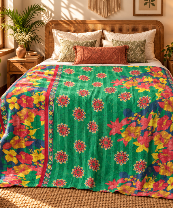 Alternative view of Emerald Green Floral Vintage Kantha Quilt – Multicolor Hand Stitched Sari Cotton Throw 60x90 Inch