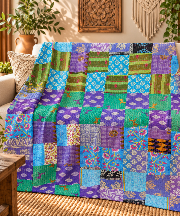 Assorted Blue Green Patchwork Kantha Quilt 60x90 – Handmade Cotton Boho Throw