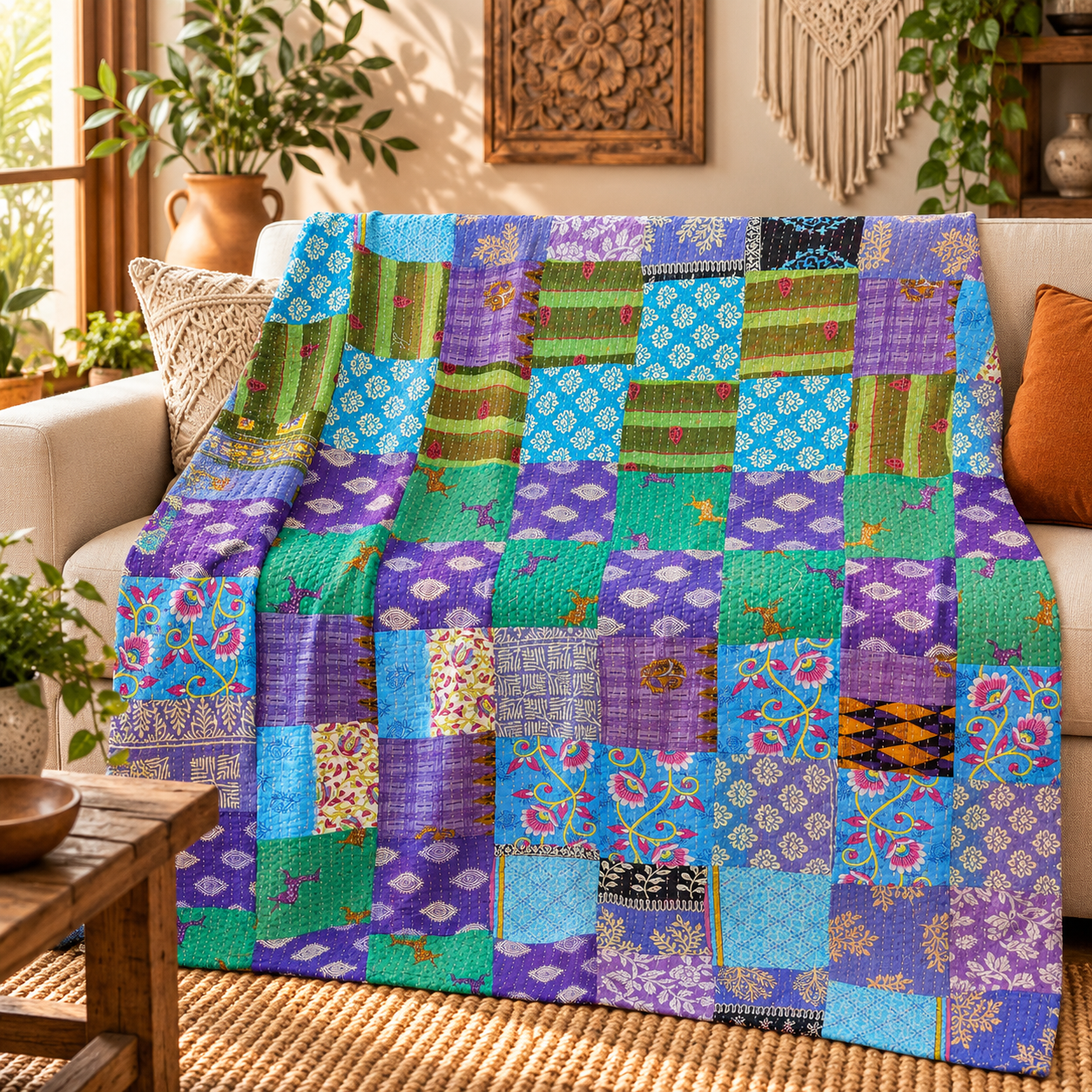Assorted Blue Green Patchwork Kantha Quilt 60x90 – Handmade Cotton Boho Throw