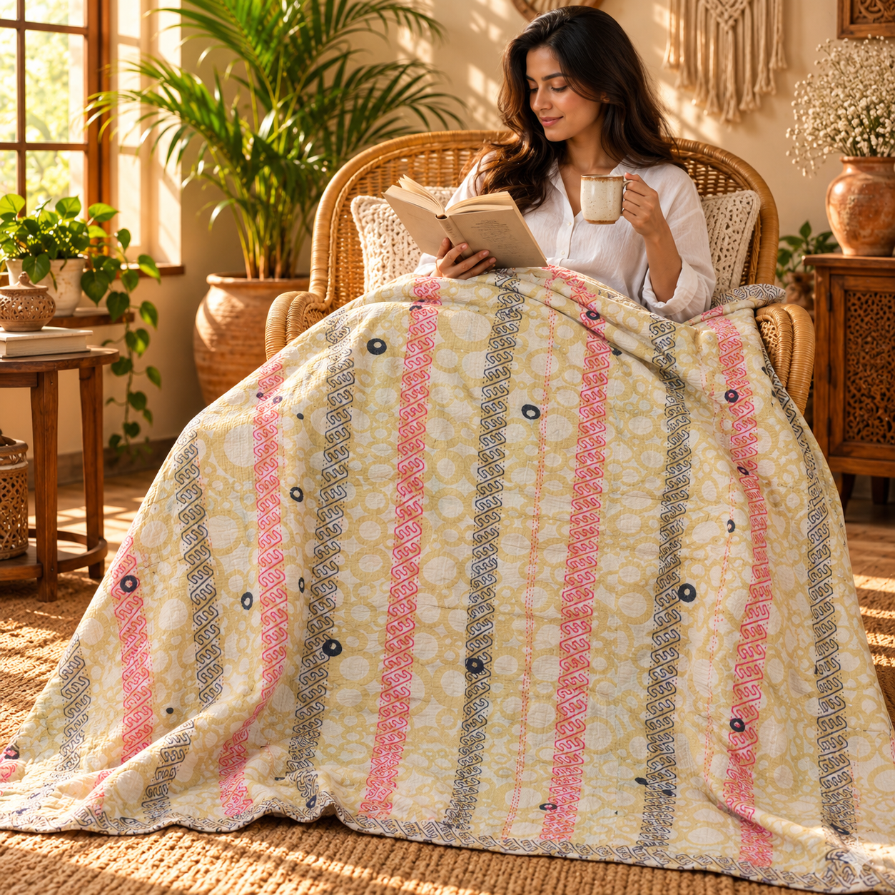 Cream Yellow Striped Vintage Kantha Quilt – Hand Stitched Recycled Sari Cotton Throw 60x90 Inch - Image 3