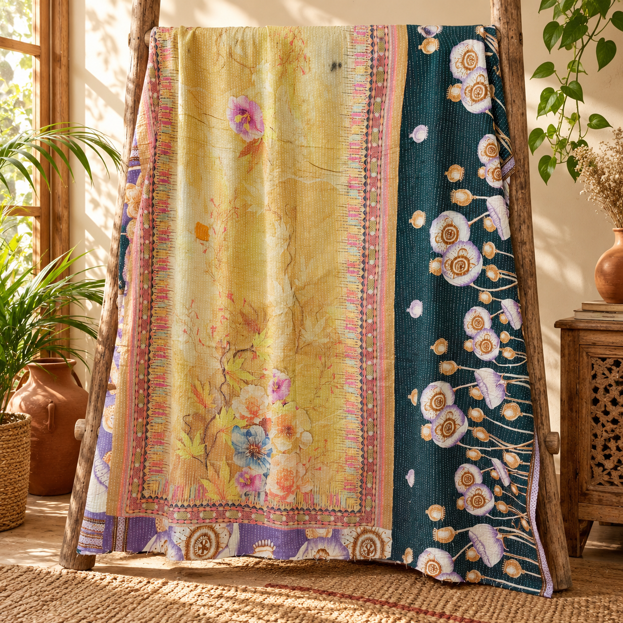 Teal Blue Floral Vintage Kantha Quilt – Hand Stitched Recycled Cotton Bedspread Throw 60x90 Inch - Image 5