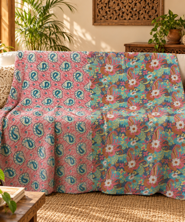 Coral Pink Blue Paisley Vintage Kantha Quilt – Floral Hand Stitched Cotton Throw 60x90 Inch