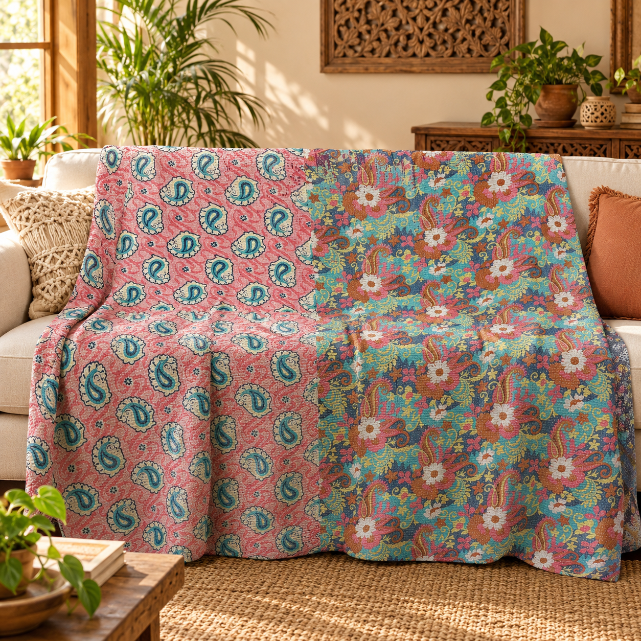 Coral Pink Blue Paisley Vintage Kantha Quilt – Floral Hand Stitched Cotton Throw 60x90 Inch