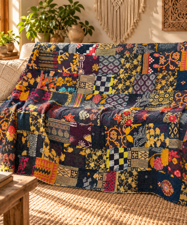 Assorted Black Patchwork Kantha Quilt 60x90 – Handmade Cotton Bedspread