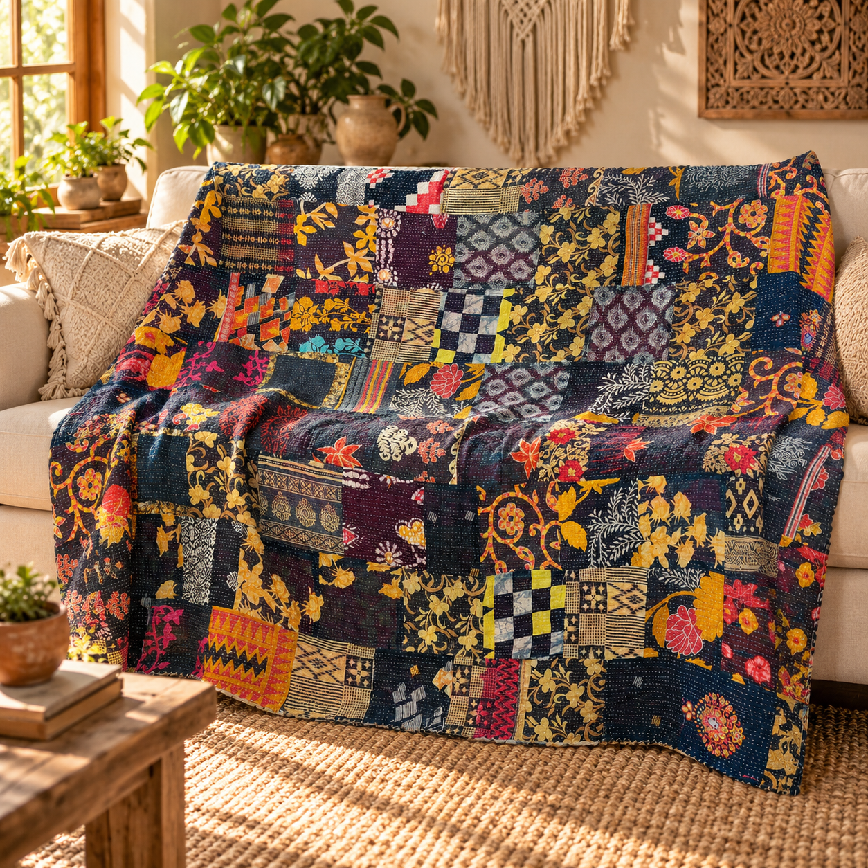 Assorted Black Patchwork Kantha Quilt 60x90 – Handmade Cotton Bedspread