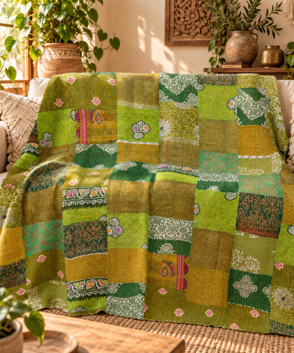 Assorted Green Patchwork Kantha Quilt 60x90 – Handmade Cotton Bedspread