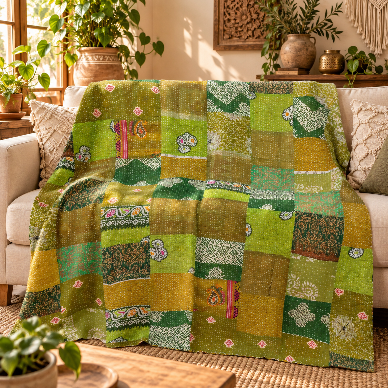 Assorted Green Patchwork Kantha Quilt 60x90 – Handmade Cotton Bedspread
