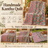 Coral Pink Blue Paisley Vintage Kantha Quilt – Floral Hand Stitched Cotton Throw 60x90 Inch - Image 4