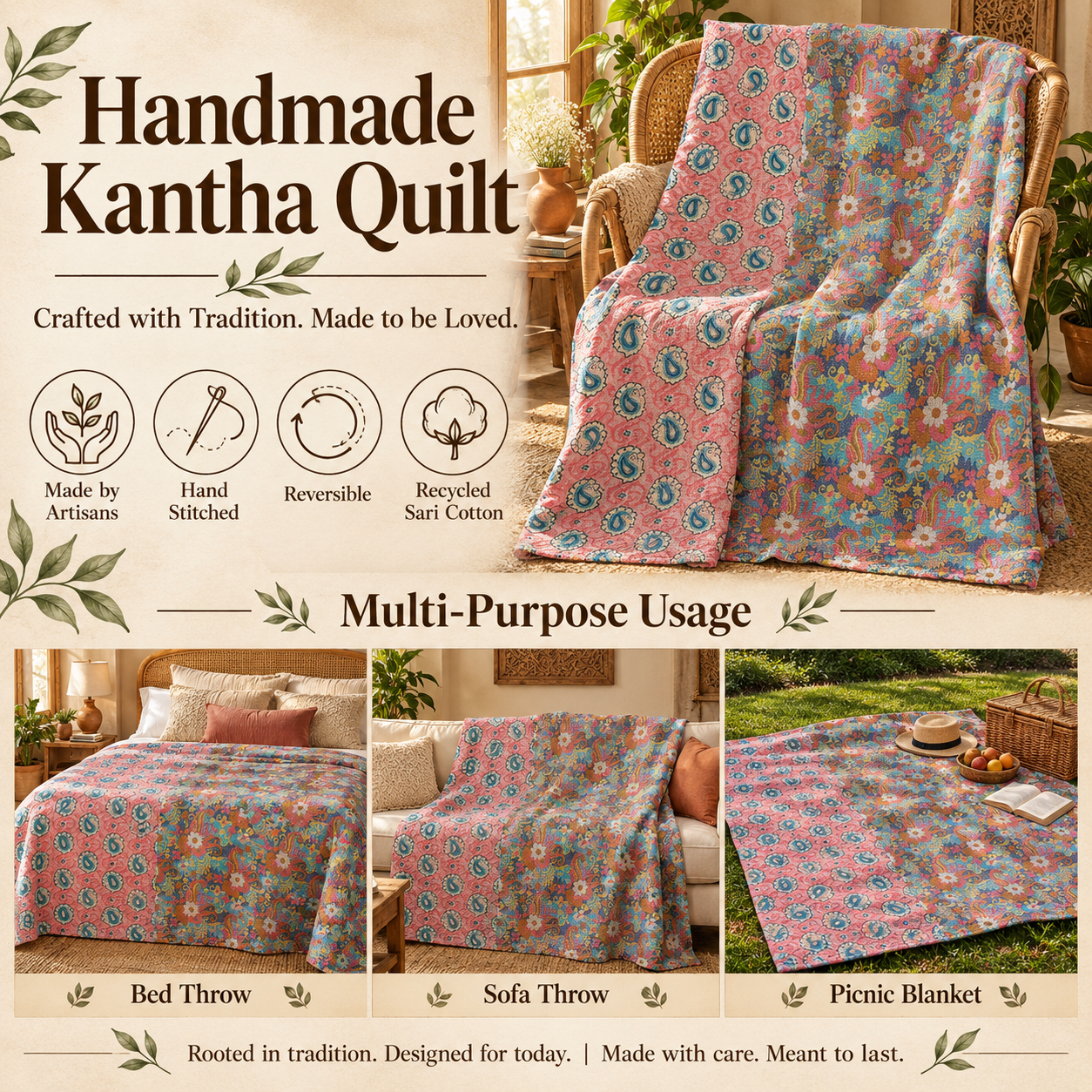 Coral Pink Blue Paisley Vintage Kantha Quilt – Floral Hand Stitched Cotton Throw 60x90 Inch - Image 4