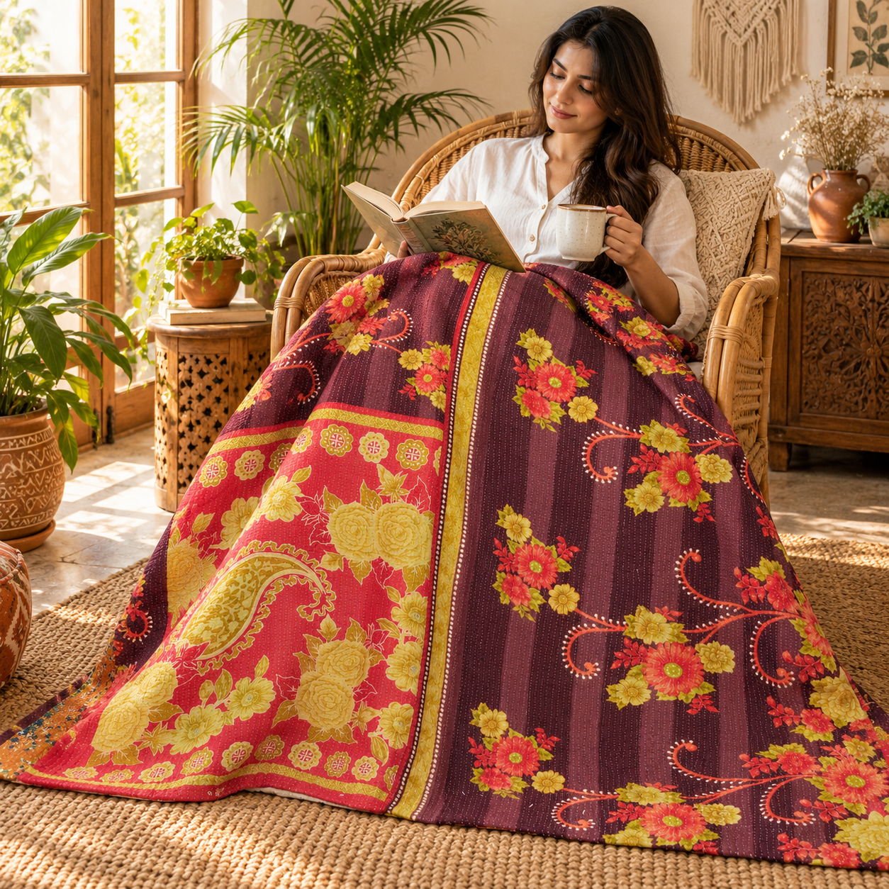 Burgundy Red Floral Paisley Vintage Kantha Quilt – Hand Stitched Cotton Bed Throw 60x90 Inch - Image 3