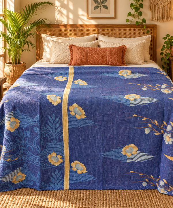 Alternative view of Royal Blue Floral Vintage Kantha Quilt – Hand Stitched Recycled Cotton Bed Throw 60x90 Inch