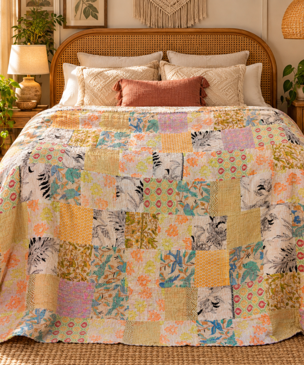 Alternative view of Assorted Pastel Patchwork Kantha Quilt 60x90 – Handmade Cotton Bedspread