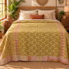 Mustard Yellow Pink Floral Vine Vintage Kantha Quilt – Hand Stitched Cotton Throw 60x90 Inch - Image 2