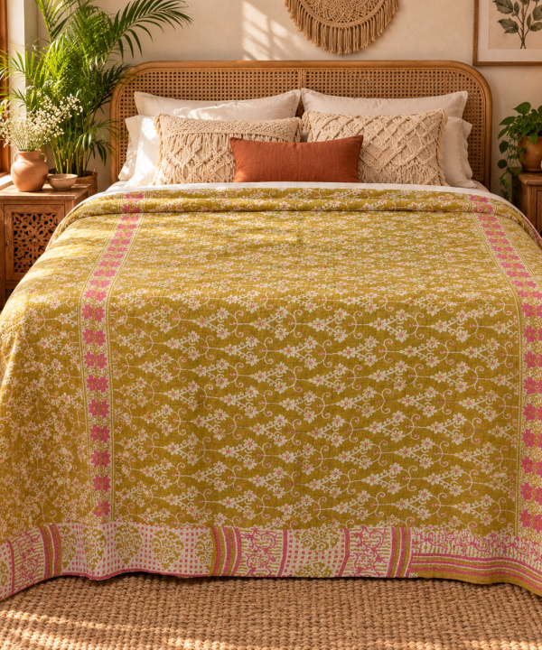 Alternative view of Mustard Yellow Pink Floral Vine Vintage Kantha Quilt – Hand Stitched Cotton Throw 60x90 Inch
