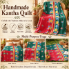 Emerald Green Red Floral Vintage Kantha Quilt – Hand Stitched Cotton Bedspread Throw 60x90 Inch - Image 3