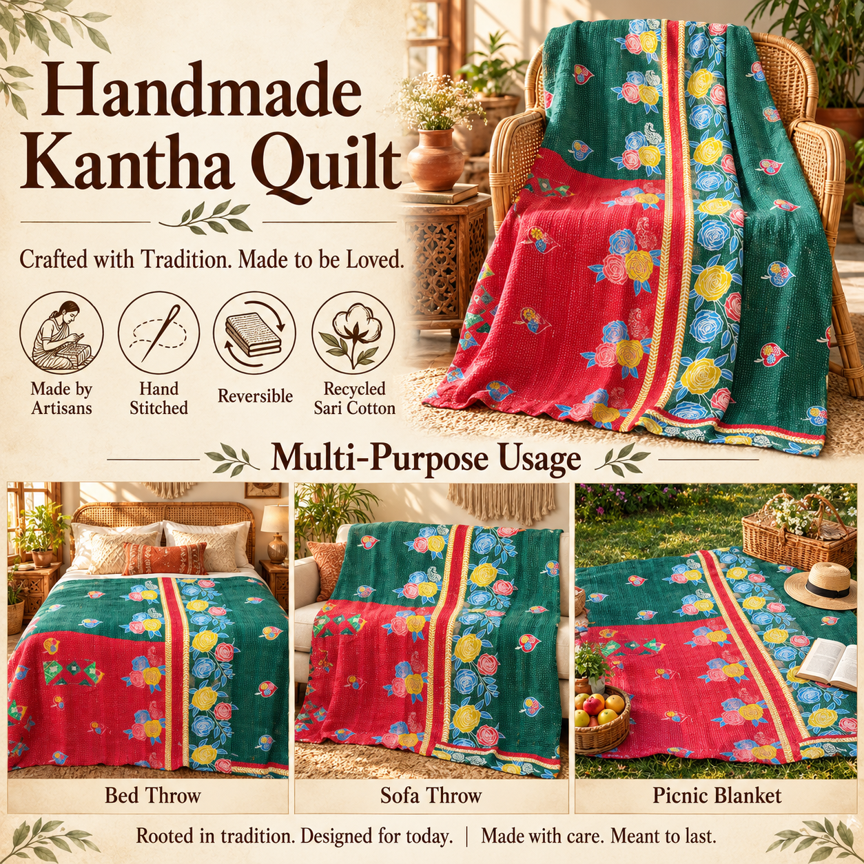 Emerald Green Red Floral Vintage Kantha Quilt – Hand Stitched Cotton Bedspread Throw 60x90 Inch - Image 3