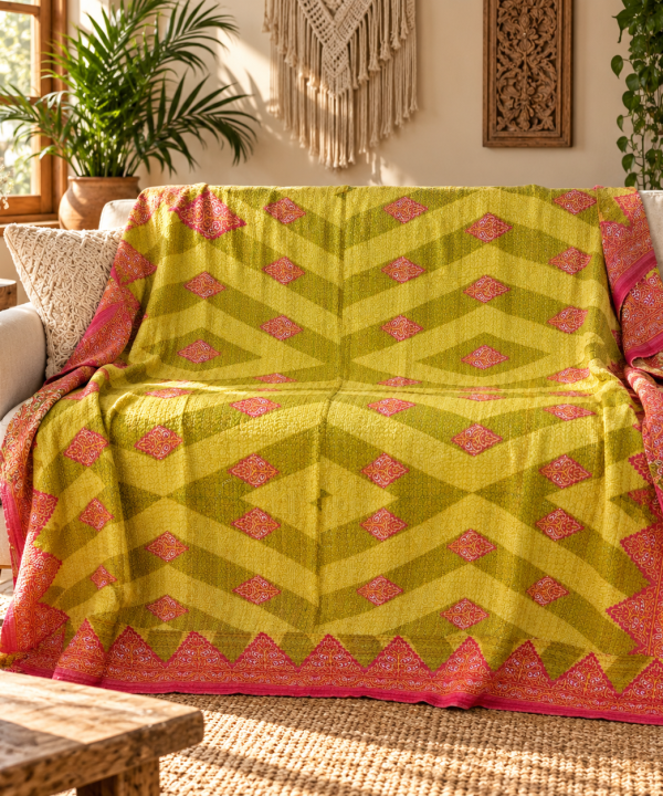 Olive Green Pink Geometric Vintage Kantha Quilt – Handmade Cotton Bedspread Throw 60x90 Inch