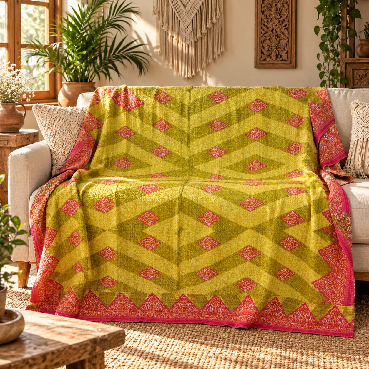 Olive Green Pink Geometric Vintage Kantha Quilt – Handmade Cotton Bedspread Throw 60x90 Inch