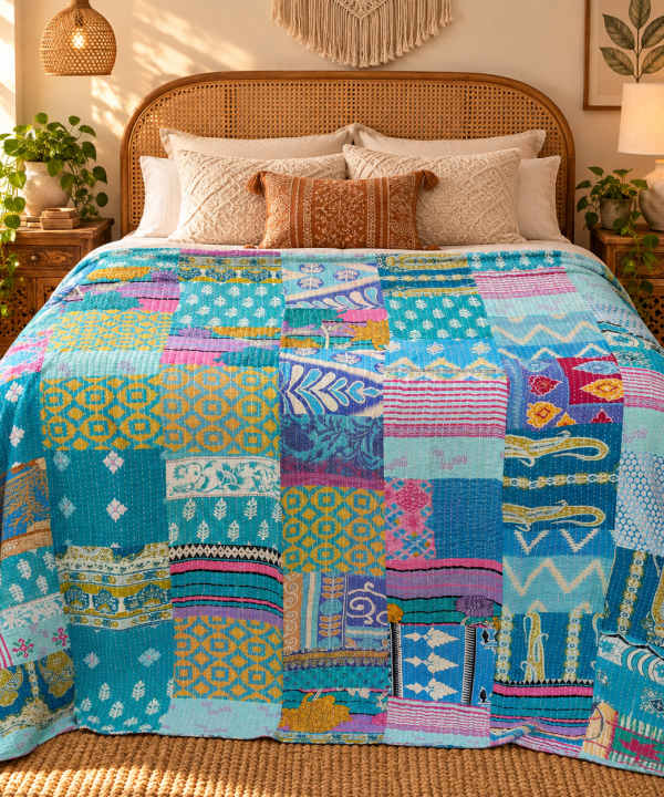 Alternative view of Assorted Blue Patchwork Kantha Quilt 60x90 – Handmade Cotton Bedspread