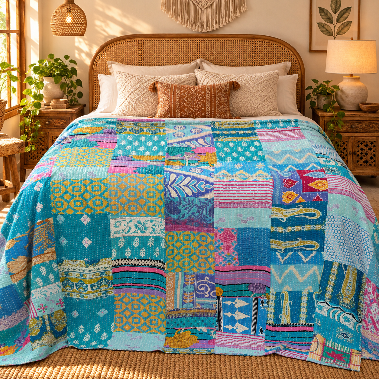 Assorted Blue Patchwork Kantha Quilt 60x90 – Handmade Cotton Bedspread - Image 2