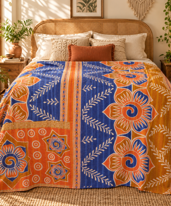 Alternative view of Royal Blue & Orange Floral Vintage Kantha Quilt – Hand Stitched Cotton Bedspread Throw 60x90 Inch