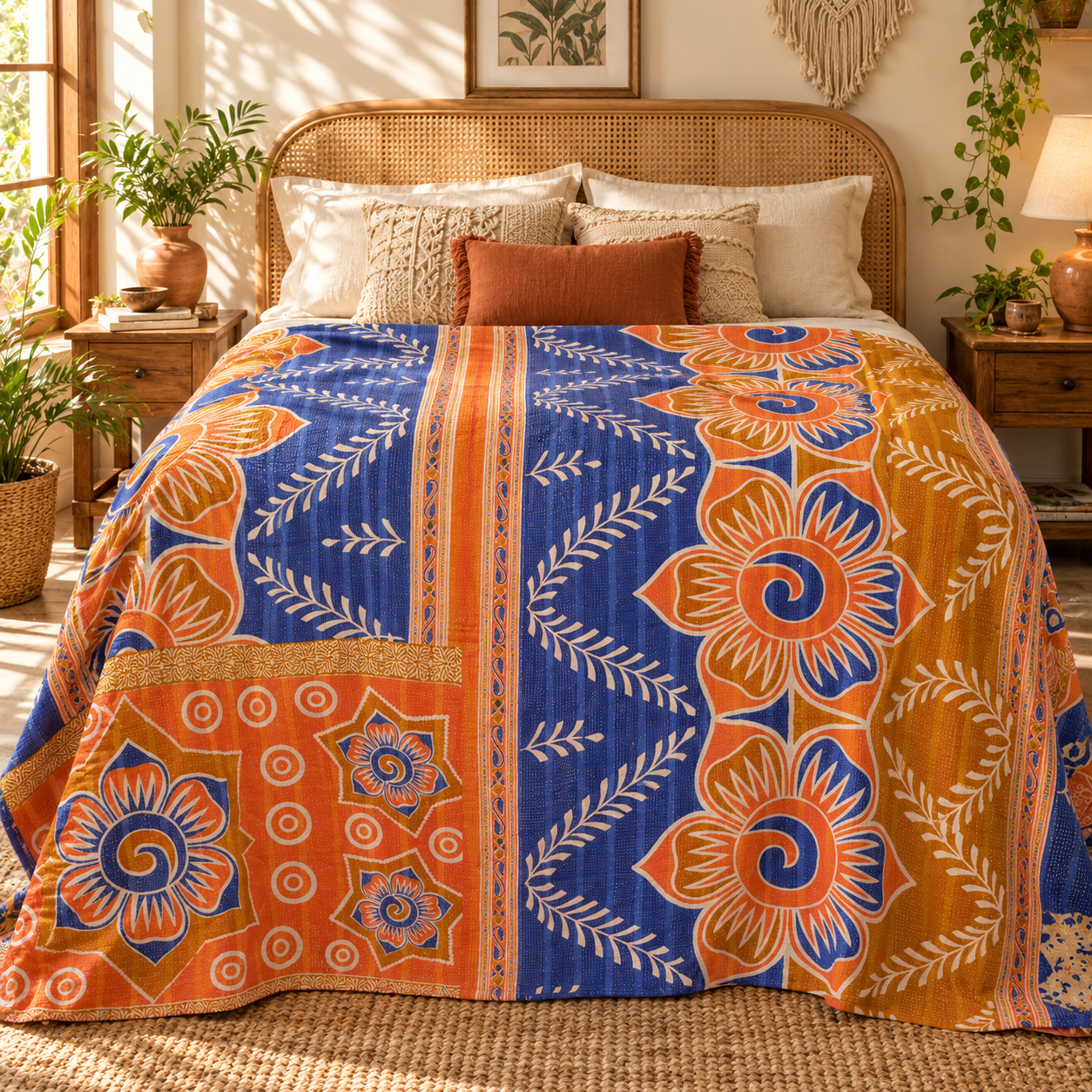 Royal Blue & Orange Floral Vintage Kantha Quilt – Hand Stitched Cotton Bedspread Throw 60x90 Inch - Image 2
