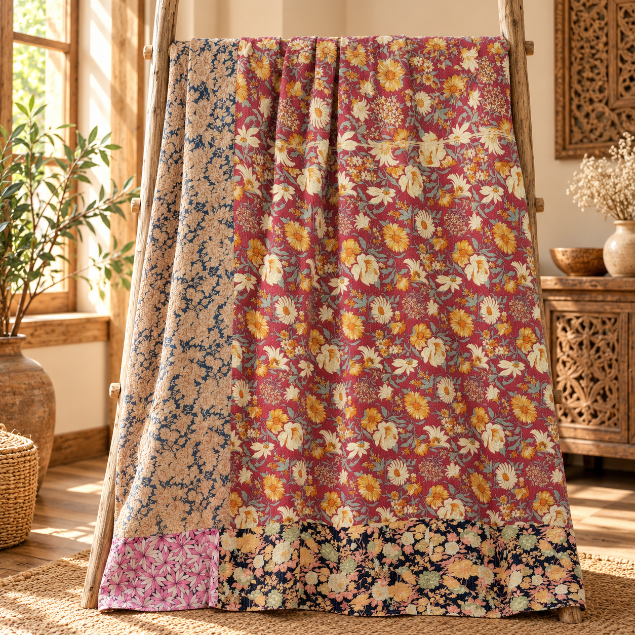 Pink Floral Vintage Kantha Quilt – Handmade Recycled Cotton Indian Bedspread Throw 60x90 Inch - Image 5