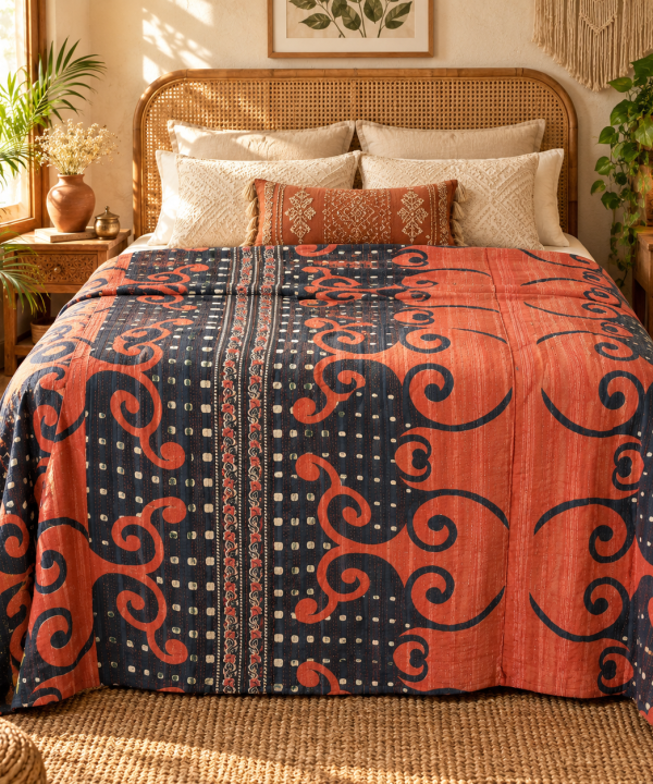 Alternative view of Burnt Orange & Navy Blue Vintage Kantha Quilt – Swirl Geometric Hand Stitched Cotton Throw 60x90 Inch