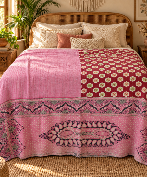 Alternative view of Pink Red Paisley Vintage Kantha Quilt – Hand Stitched Recycled Cotton Bedspread Throw 60x90 Inch