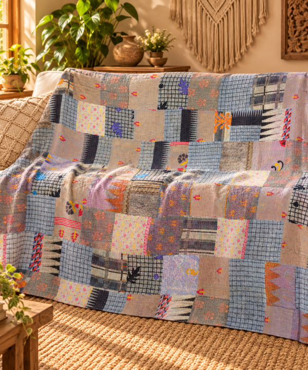 Assorted Grey Blue Patchwork Kantha Quilt 60x90 – Handmade Cotton Bedspread