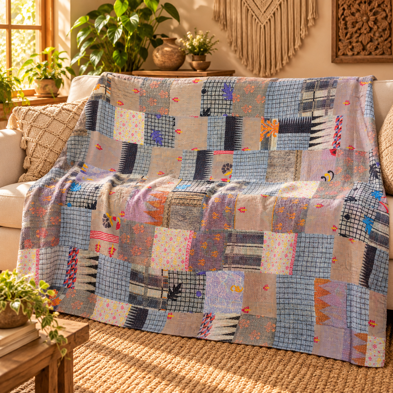 Assorted Grey Blue Patchwork Kantha Quilt 60x90 – Handmade Cotton Bedspread