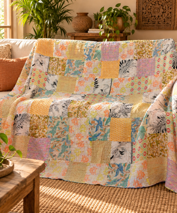 Assorted Pastel Patchwork Kantha Quilt 60x90 – Handmade Cotton Bedspread