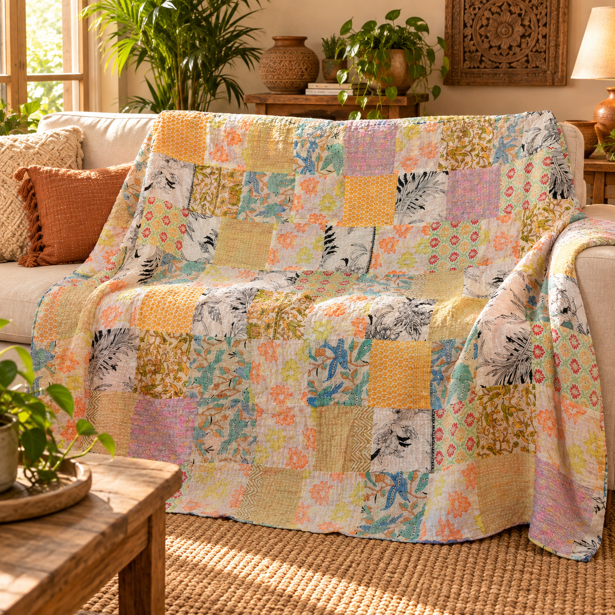 Assorted Pastel Patchwork Kantha Quilt 60x90 – Handmade Cotton Bedspread