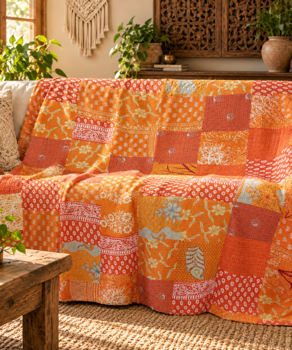 Assorted Orange Patchwork Kantha Quilt 60x90 – Handmade Cotton Bedspread