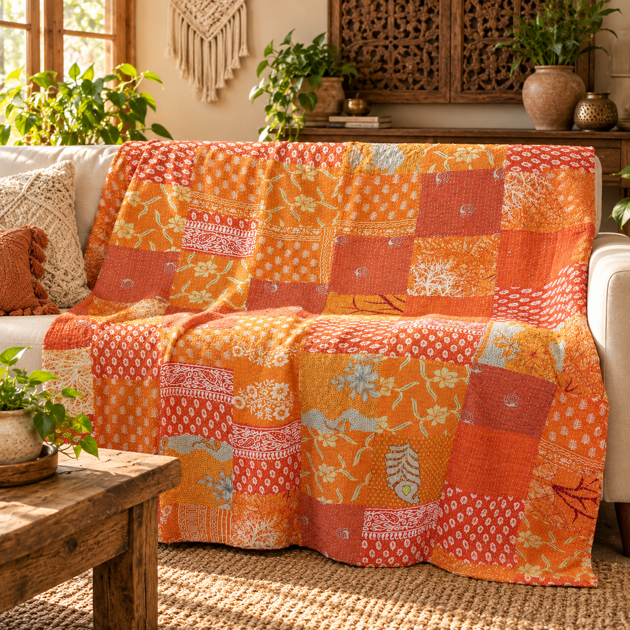 Assorted Orange Patchwork Kantha Quilt 60x90 – Handmade Cotton Bedspread