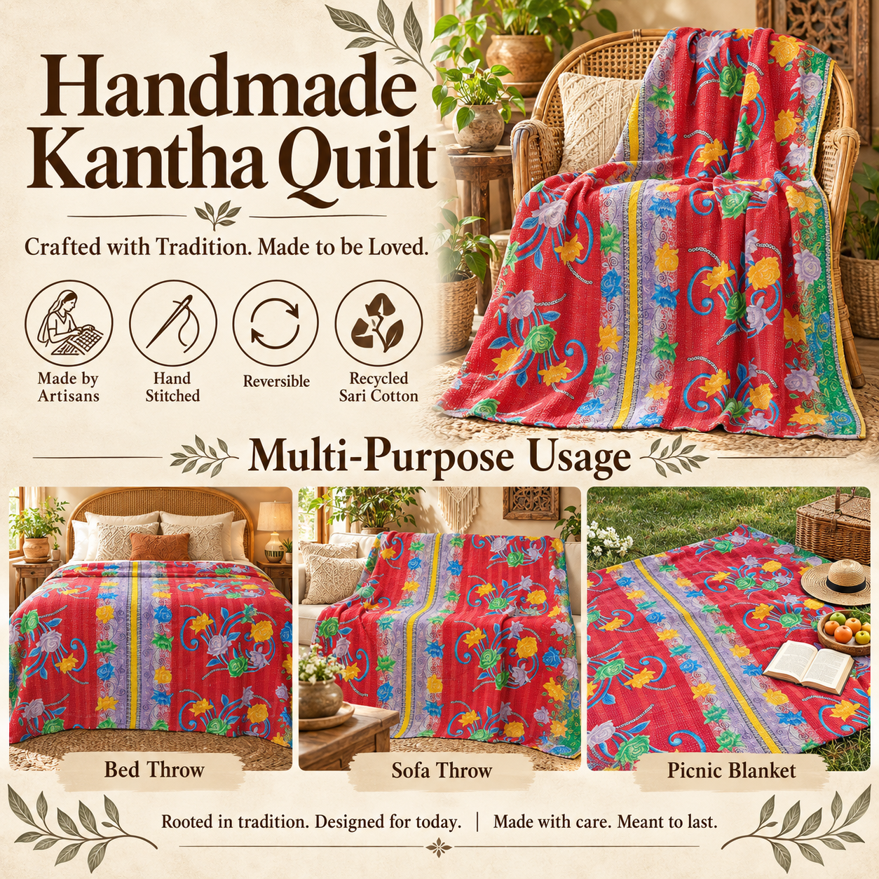 Red Floral Kantha Quilt 60x90 – Handmade Cotton Bedspread - Image 4