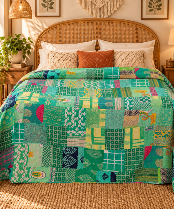 Alternative view of Assorted Green Patchwork Kantha Quilt 60x90 – Handmade Cotton Bedspread